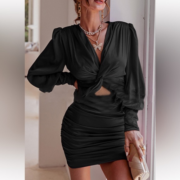 Simplee Plus Black Satin Deep V-neck Twist Front Mini Bodycon Dress 2XL - Picture 1 of 12